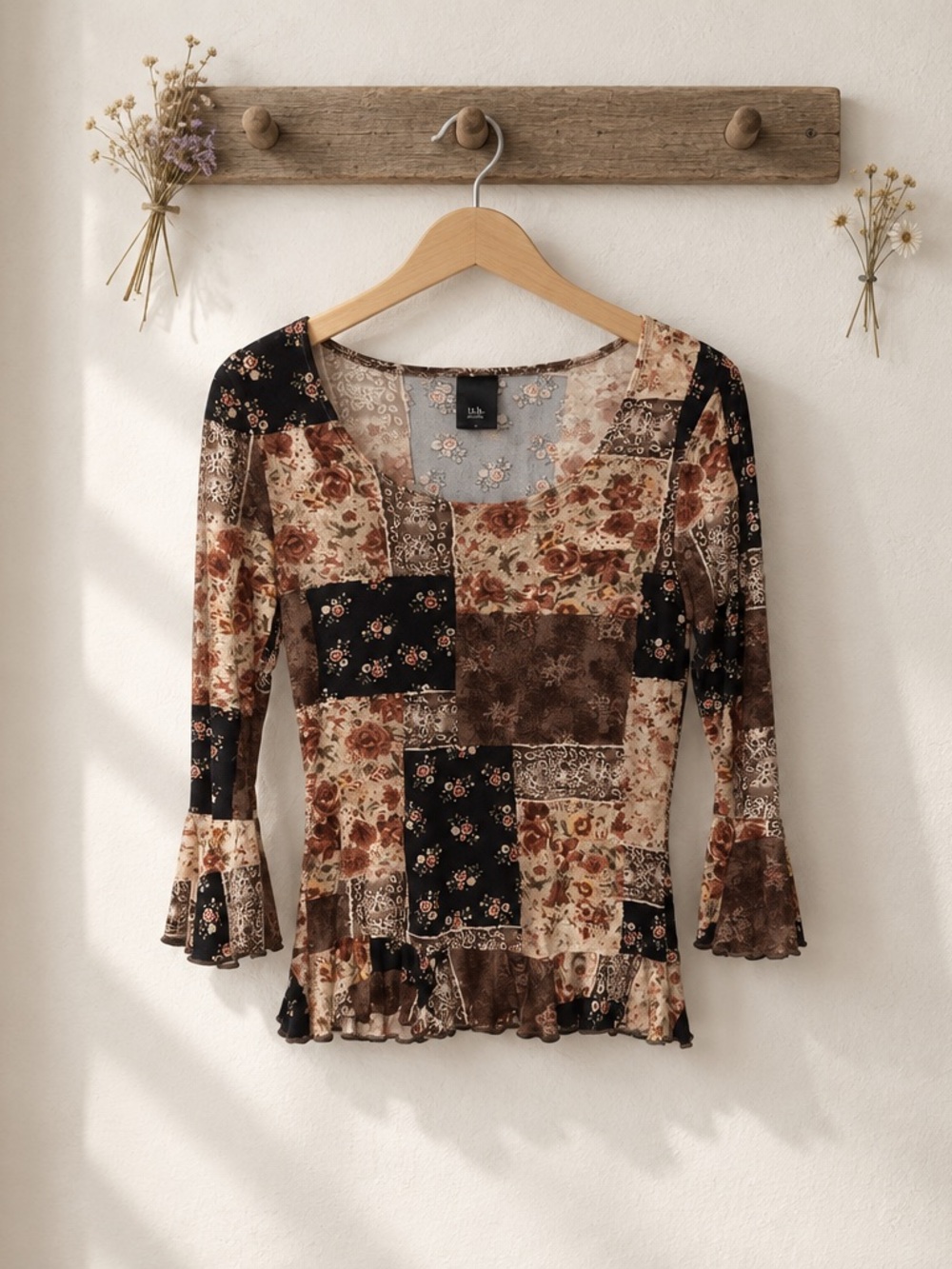 Women's Brown Patchwork Ruffle-Hem Blouse - Picture 2 of 5